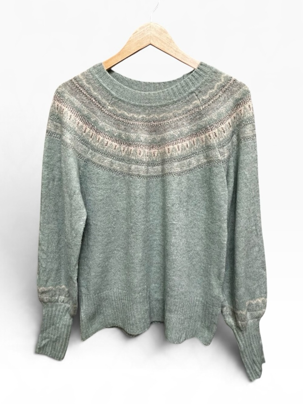 Pretty Blue Green Fair Isle Pullover Puffy Sleeve Sweater Size M